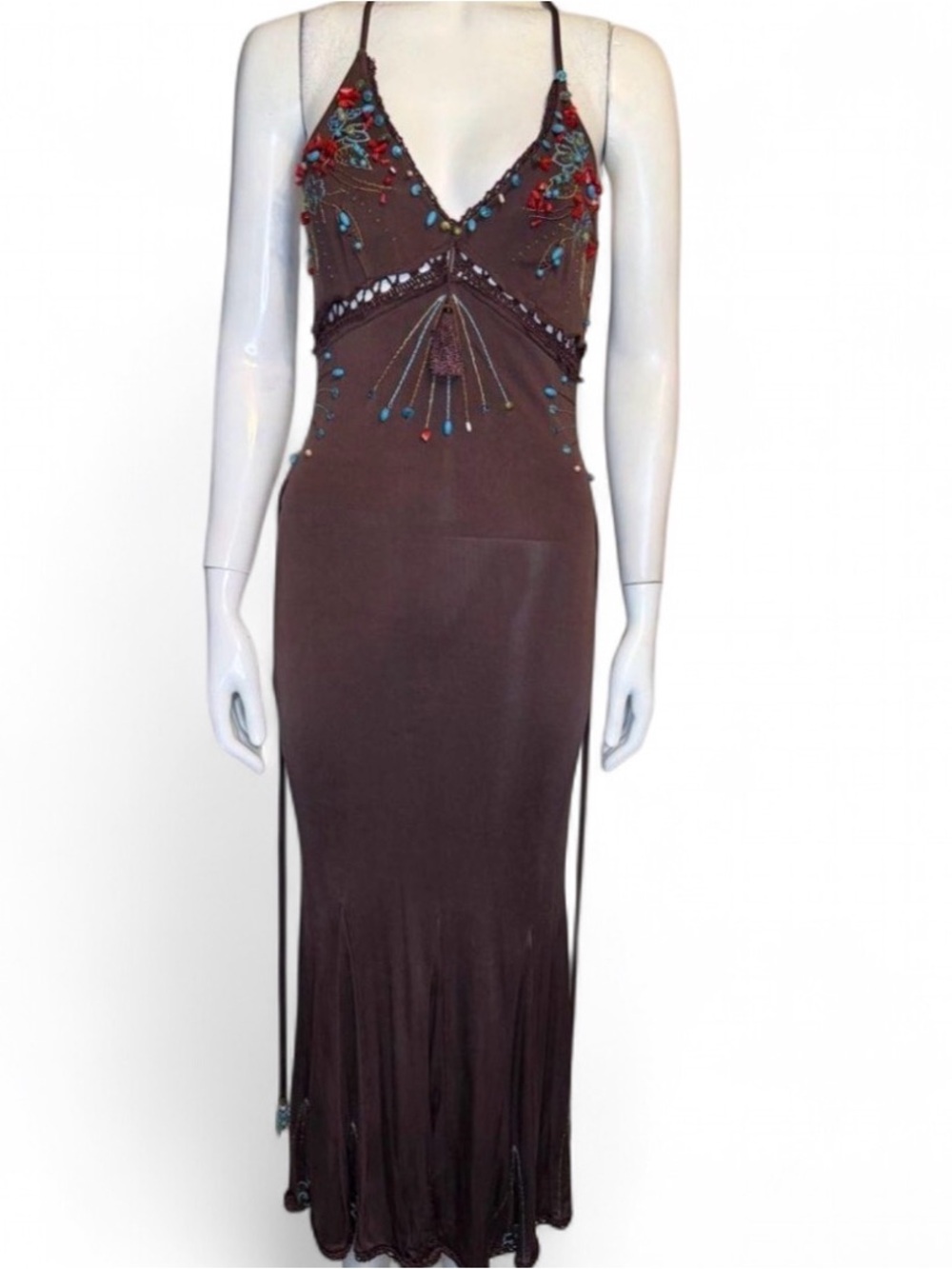 ROBERTO CAVALLI Class vintage brown Silk Bead Embellished Halter Slip Dress